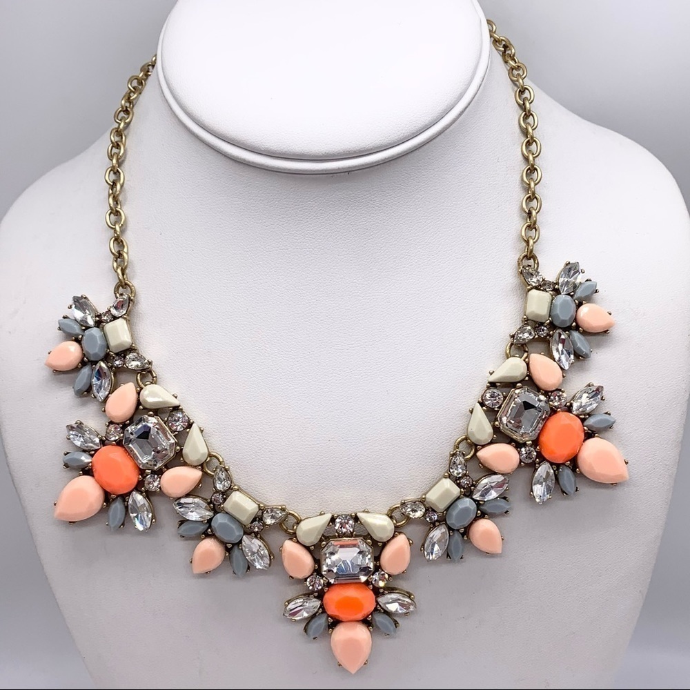 J. Crew Orange Peach Gray Jeweled Necklace
